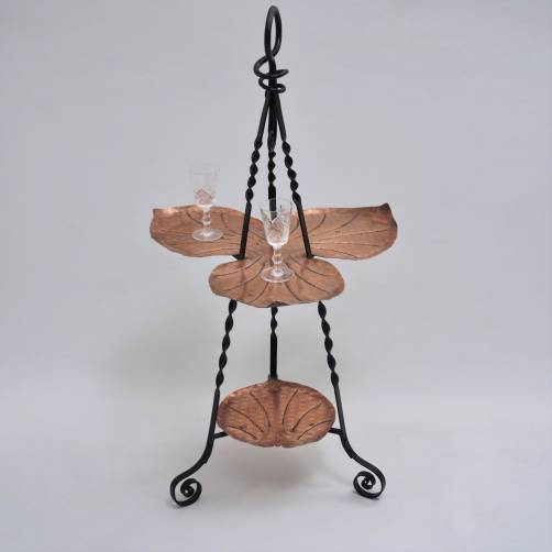 Arts & Crafts cake stand display Townshends, iron & copper acanthus leaf, 1890`s English